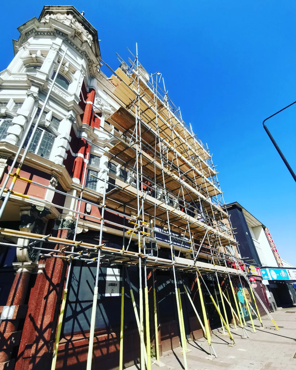 Commercial facade scaffold on a detailed period building
